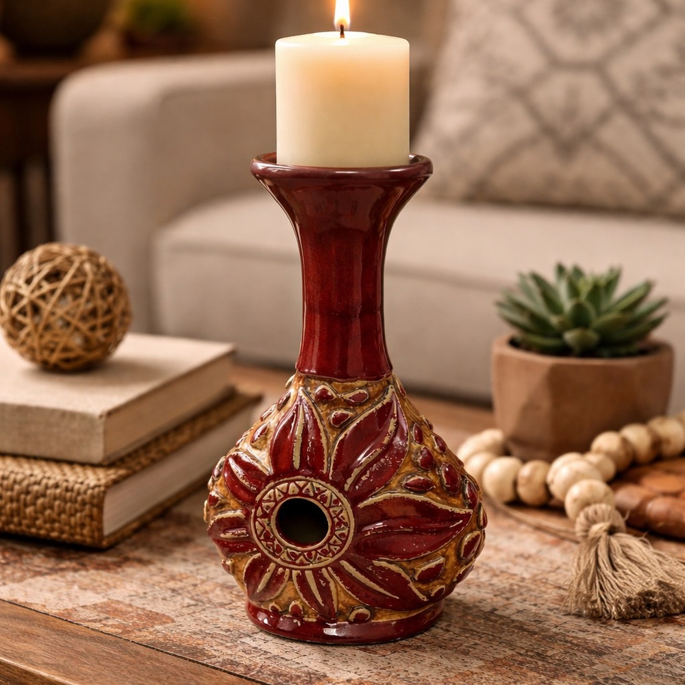 African Red And‎ Tan Candle Holder Sculpture